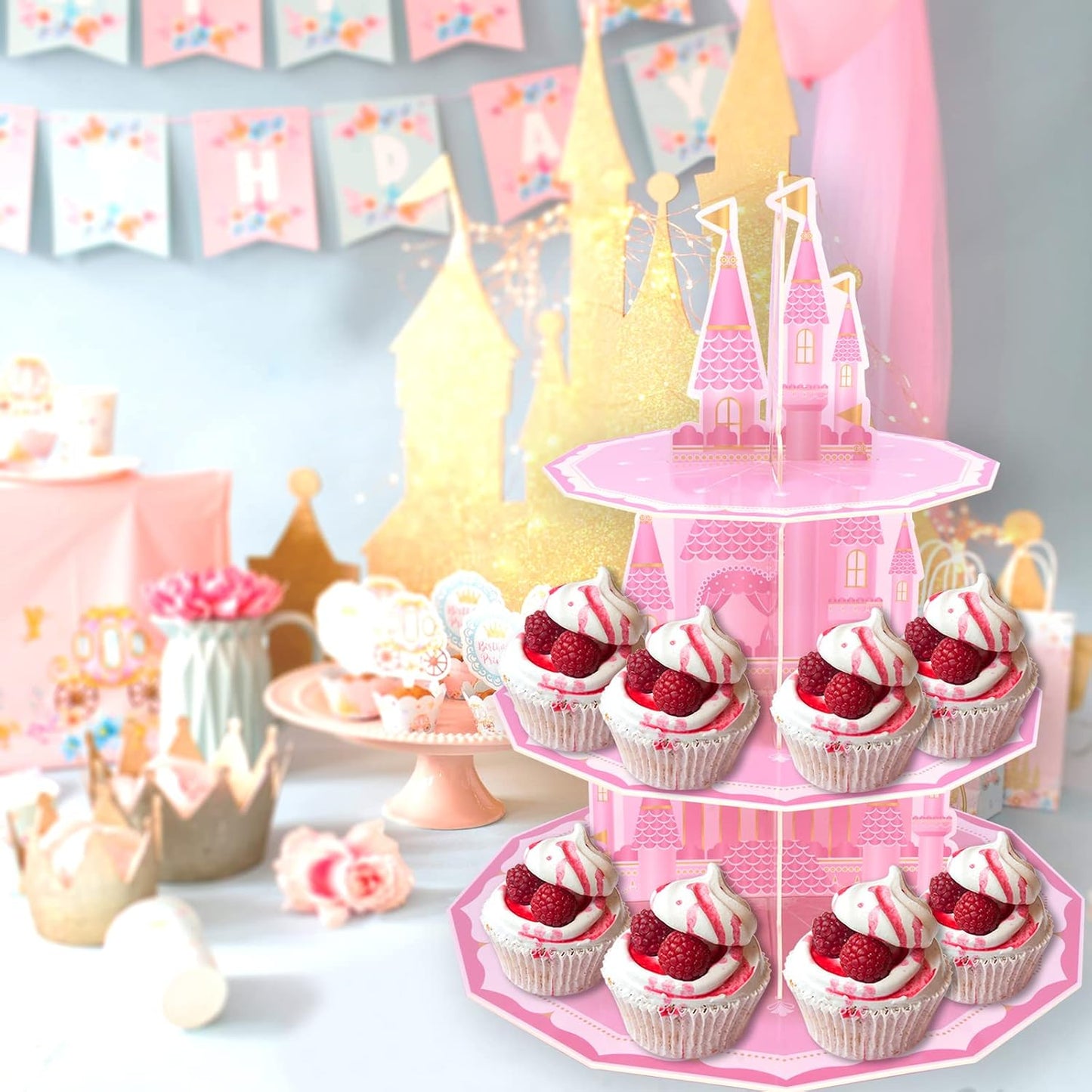 Princess Party Supplies 3 Tier Cupcake Stand Girl Birthday Decorations Pink Castle Cake Treat Table Decor(Princess)
