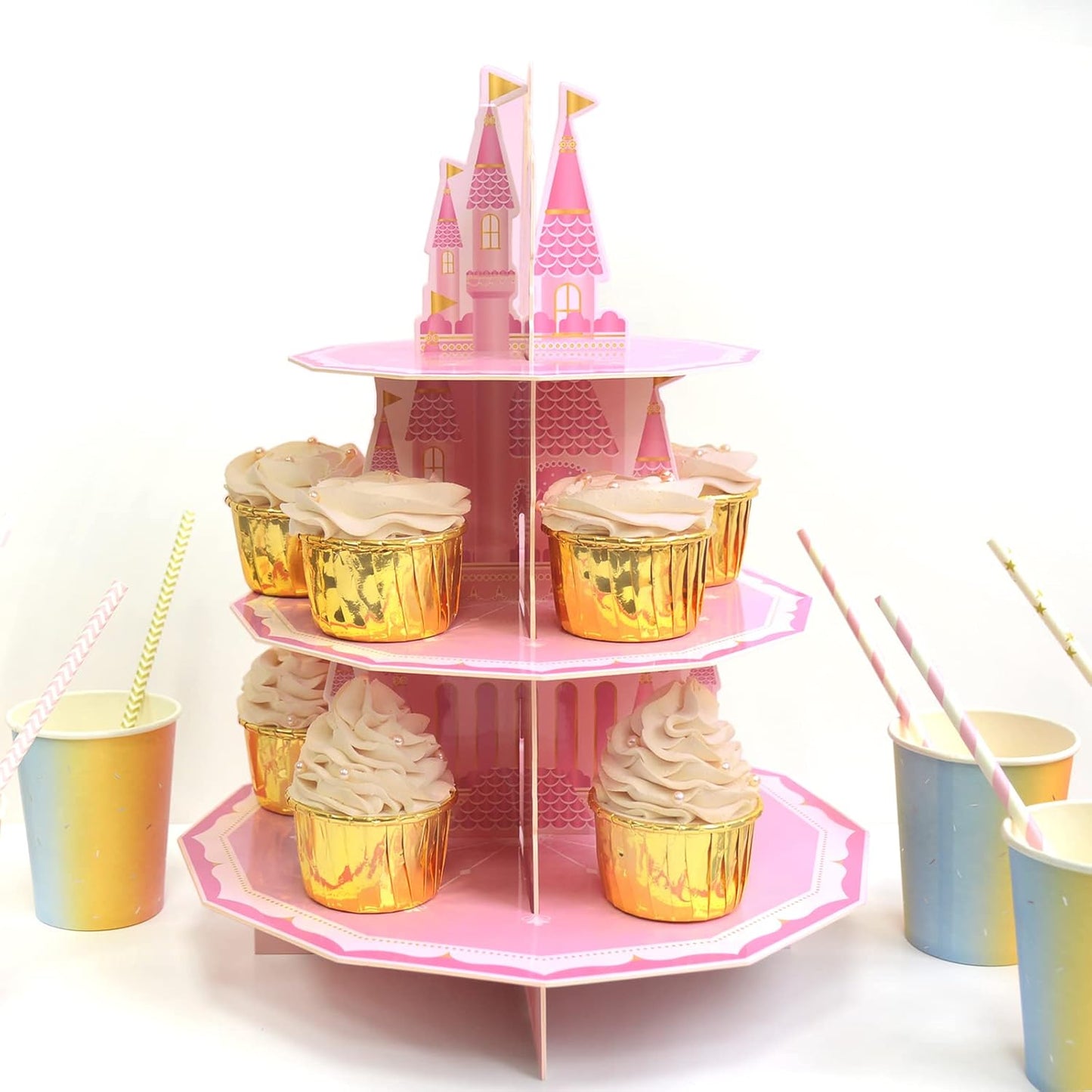 Princess Party Supplies 3 Tier Cupcake Stand Girl Birthday Decorations Pink Castle Cake Treat Table Decor(Princess)