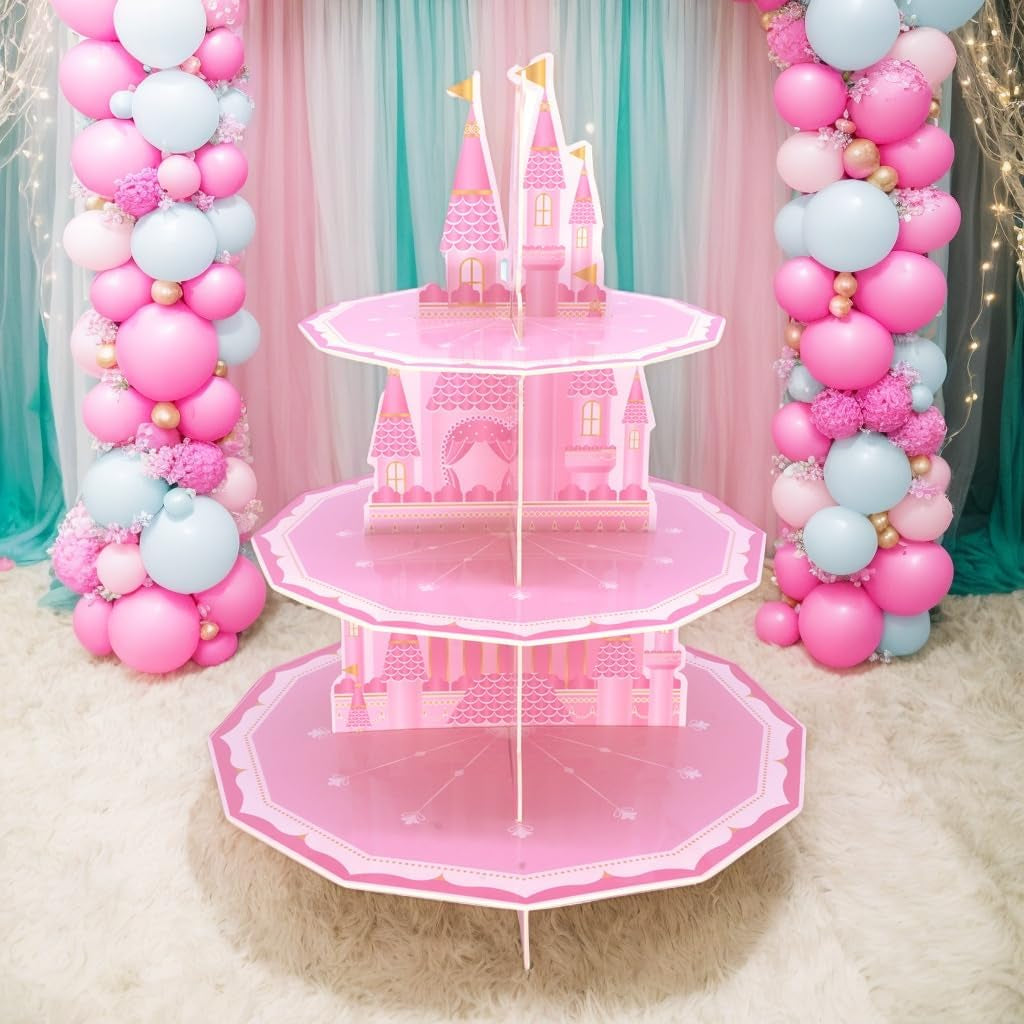 Princess Party Supplies 3 Tier Cupcake Stand Girl Birthday Decorations Pink Castle Cake Treat Table Decor(Princess)