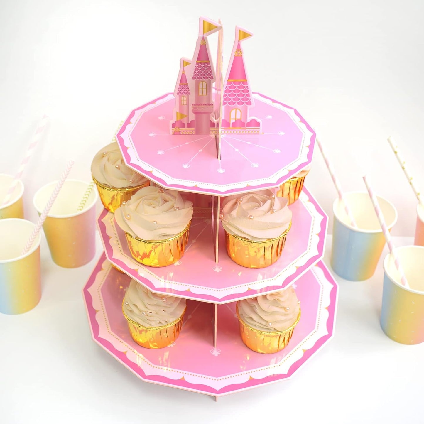 Princess Party Supplies 3 Tier Cupcake Stand Girl Birthday Decorations Pink Castle Cake Treat Table Decor(Princess)