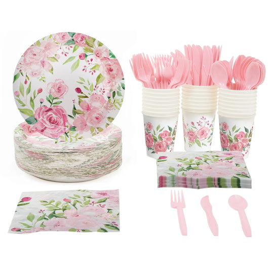 144 Piece Vintage Style Tea Party Supplies, Includes Disposable Floral Paper Plates, Napkins, Cups, & Cutlery, for Baby Showers, Weddings & More, Serves 24